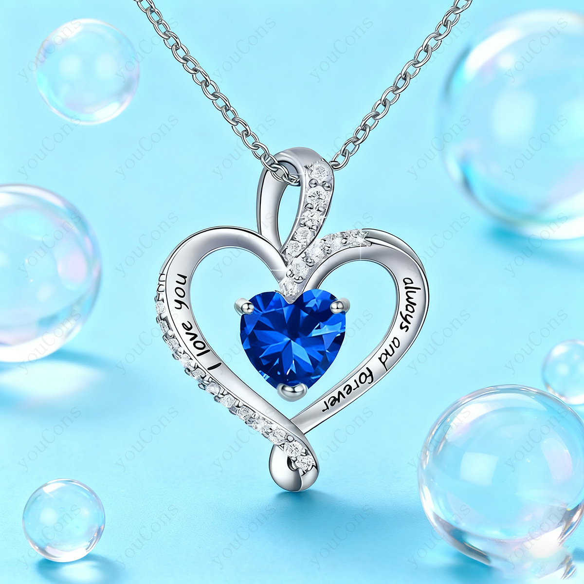Women's Luxury Dark Blue Synthetic Zirconia Heart Pendant Necklace with Gift Box